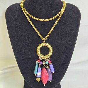 Colorful Long Gold-Tone Charm Necklace, Lobster Clasp, Boho Eclectic Statement